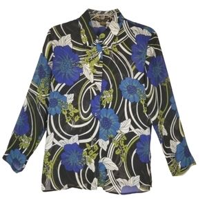 Mirasol Womens Button Long Sleeve Blouse Top Medium Bold Floral Boho Retro Blue